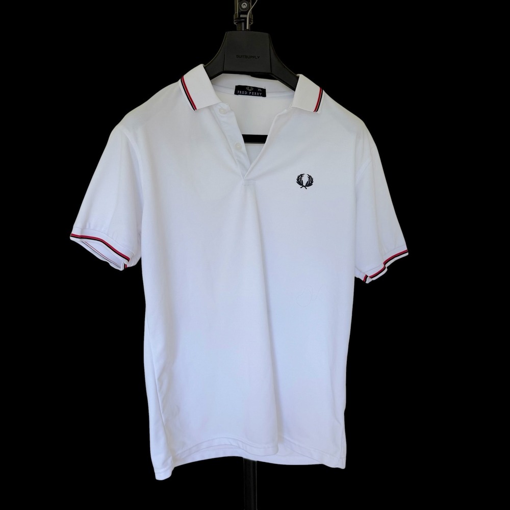 90's Fred Perry Twin Tipped Polo Shirt White Red Navy XL Pique Short Sleeve